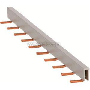 Image of a long, light grey insulated busbar strip with several evenly spaced copper prongs protruding from one side for connecting electrical devices.