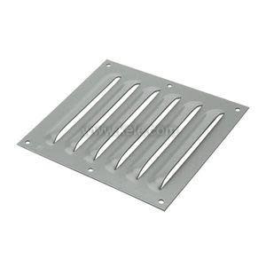 Flat metal panel with raised slotted vents and screw holes at each corner.