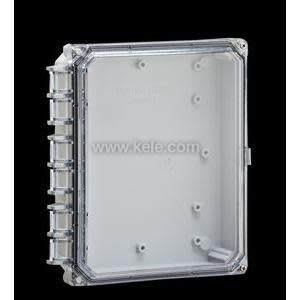 Rectangular junction box with a clear front panel and open interior, presented against a black backdrop.