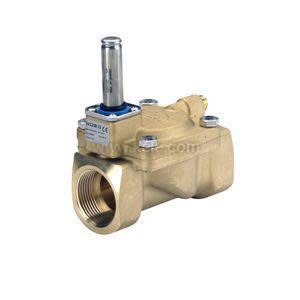 A brass industrial valve featuring a large threaded opening on one side and a vertical metal stem protruding from the top.