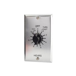 Stainless wall timer plate with black rotary knob and hour scale.