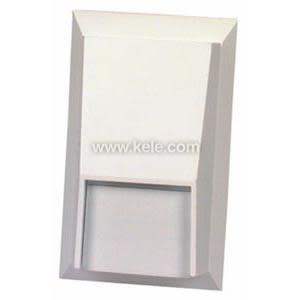 White plastic wall plate with sharply angled top and a small rectangular cut-out near the bottom.