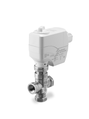 Tiny silver valve with white square actuator on top and two side ports