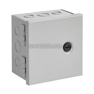 Sturdy grey metal box with small locking handle and round knockout indentations.