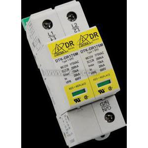 Two adjacent white surge protection modules labeled L1 and L2, each with yellow DR faceplates containing specifications, mounted on a DIN-rail assembly and pictured on a dark background.