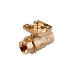 Small golden brass valve body with threads on both ends and a square flat top with a central pin for actuator attachment.