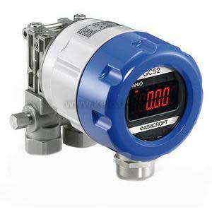 Round device with a blue front ring encasing a red digital display attached to a grey metal base with two ports