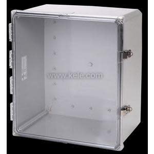 Spacious square gray box with a see-through front panel secured by two latches, interior empty and black background.