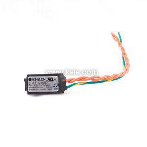 Tiny black rectangular module labeled Echelon with orange and green twisted wires extending from one end