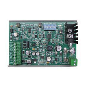 Rectangular green circuit board with many components, a DIP switch row and terminal connectors