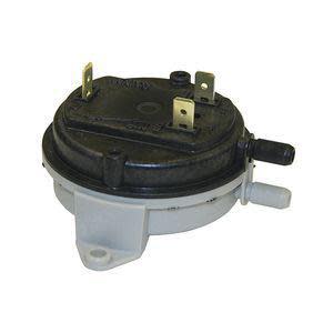 Round black diaphragm switch with two barbed tubing ports and two spade connectors on base