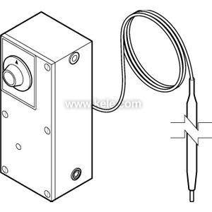 A black-and-white drawing of a rectangular thermostat housing with a front dial, connected by a long coiled capillary tube to a slender bulb-type temperature sensor.