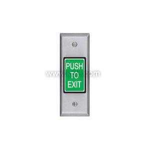 A narrow silver wall plate with a central green button labeled 'Push to Exit' and screw holes above and below.