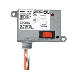 Small gray relay module with orange switch, LED and wires