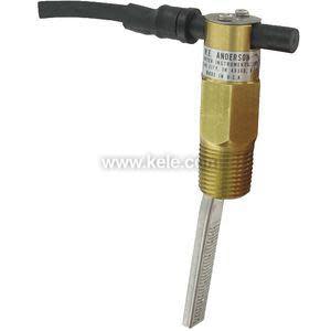 Brass cylindrical fitting with threaded section and long flat metal vane protruding, connected to a black cable