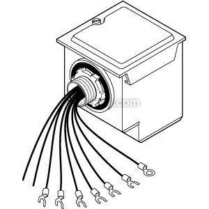 Simplified line drawing of a small electrical box with multiple cables connecting inside.
