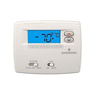 White digital thermostat with blue display and up/down buttons
