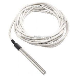Stainless steel probe attached to a long white cable with two exposed wires