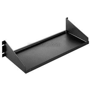 Angled view of a dark metal tray with two upright sides for mounting into a rack, forming a shallow shelf.