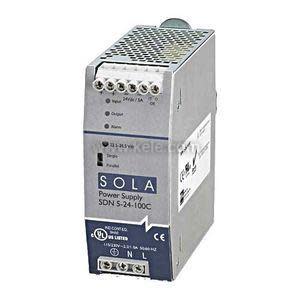 Rectangular metal power supply unit labeled Sola with vented top and multiple screw terminals.