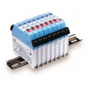 Blue and white multi-module device mounted on DIN rail with numbered channels and a black comb bar.