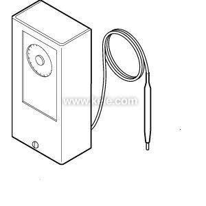 A simple black‑and‑white illustration of a rectangular device with a circular dial on the front and a slender temperature probe connected by a coiled capillary tube.