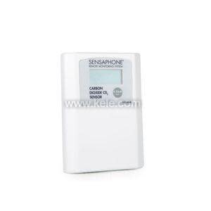 Compact rectangular white sensor with a small screen indicating carbon dioxide levels; designed for wall mounting.