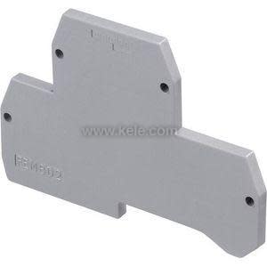 Grey plastic terminal block end cover with stepped edge and two holes