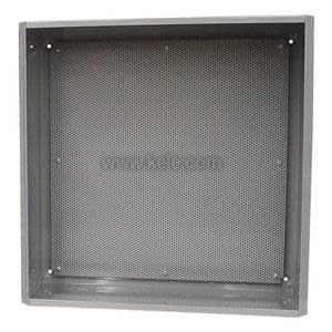 Image of a square metal backbox with a perforated surface and mounting holes near the corners, intended for mounting electronic equipment.