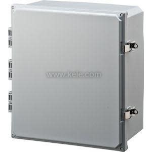 Rectangular metal box with sealed hinged door and latch hardware