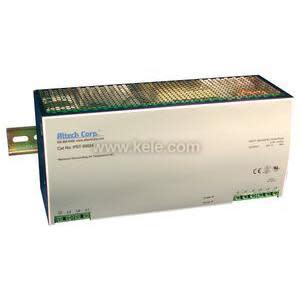 Extended industrial power supply for DIN rail, featuring a perforated top and multiple green terminals across the bottom