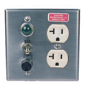 Rectangular stainless plate featuring two power receptacles and a toggle switch with a label