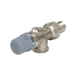 Small metallic valve with a grey ribbed adjustment knob and threaded ends for connection to heating pipes