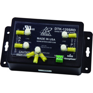 Black rectangular surge protector with clear cover, white knobs and yellow wires on terminals.