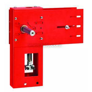 Red rectangular link plate with holes, a black pivot rod and a spring