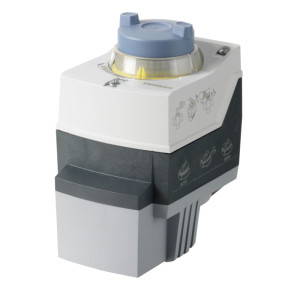 Square actuator with grey lower body, white upper section and a round blue cap with yellow indicator ring on top.