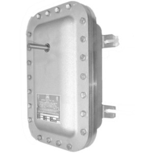 Large rectangular metal enclosure with bolted perimeter, protruding shaft and heavy-duty mounting ears.