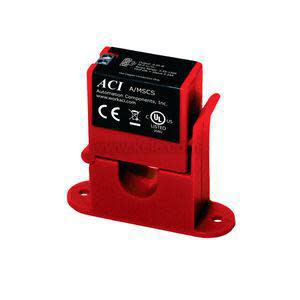 Red split-core current sensor with hinged black lid and printed label