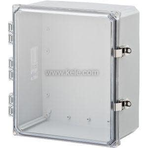 Rectangular grey box with a transparent front panel held shut by two metal clasps.