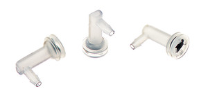 Set of three clear plastic elbow fittings for flexible tubing, with barbed ends and circular bases.
