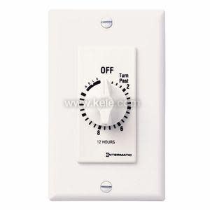 A white wall timer with a round dial marked in hours up to twelve and an off position at the top.