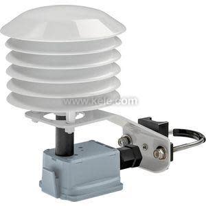 Outdoor sensor assembly with stacked white louvered discs mounted on a grey box and metal bracket.