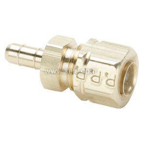 Short brass fitting with ribbed barb on one end and threaded compression nut on the other.