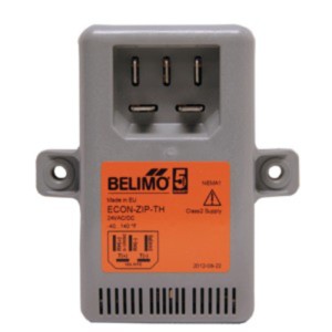 Compact grey box with four vertical blade connectors at the top and an orange specification label below, with mounting ears on each side