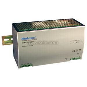 Rectangular metal power supply for rail mounting with a ventilated top and green connection terminals at each end