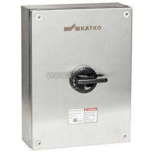 A brushed metal box with a black circular handle on the front used to turn circuits on and off.