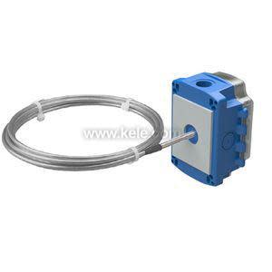 Blue rectangular sensor with attached coiled metal tubing and a mounting plate