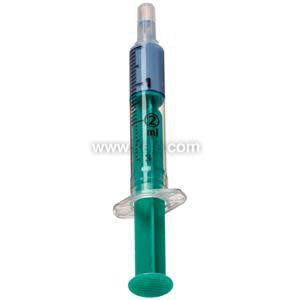 Slim plastic syringe with translucent barrel printed "2 ml", filled with green liquid; capped nozzle on top and teal plunger at bottom.