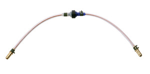 Clear braided hose with brass connectors and a blue coupling at center.