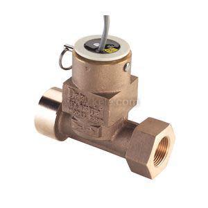 Bronze inline flow sensor valve with hex threaded ends and a small cylindrical sensor on top with a grey wire
